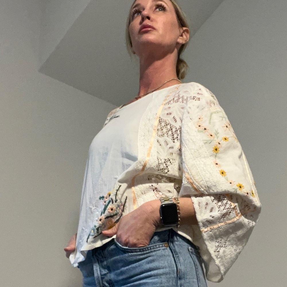 Free People cream lace embroidered top new small